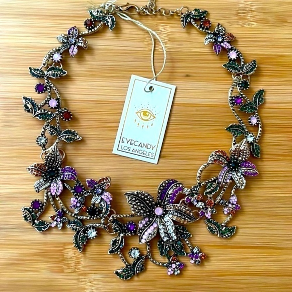 Brand New Eye Candy Los Angeles Floral Multi-Colored Crystal Bib Necklace
